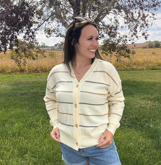 V neck Striped Buttoned Cardigan