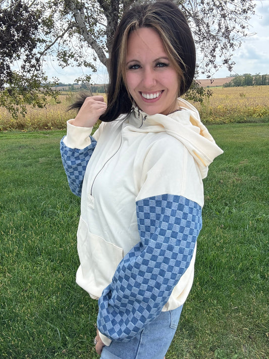 Checkered Sleeve Half Zip with hood