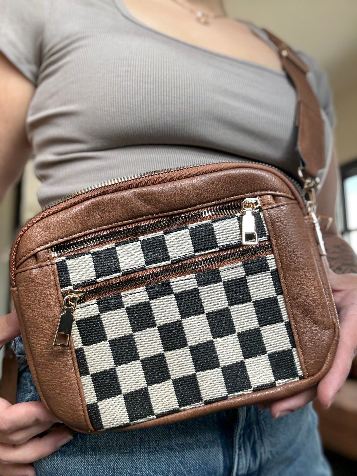 Brown Checkered Crossbody