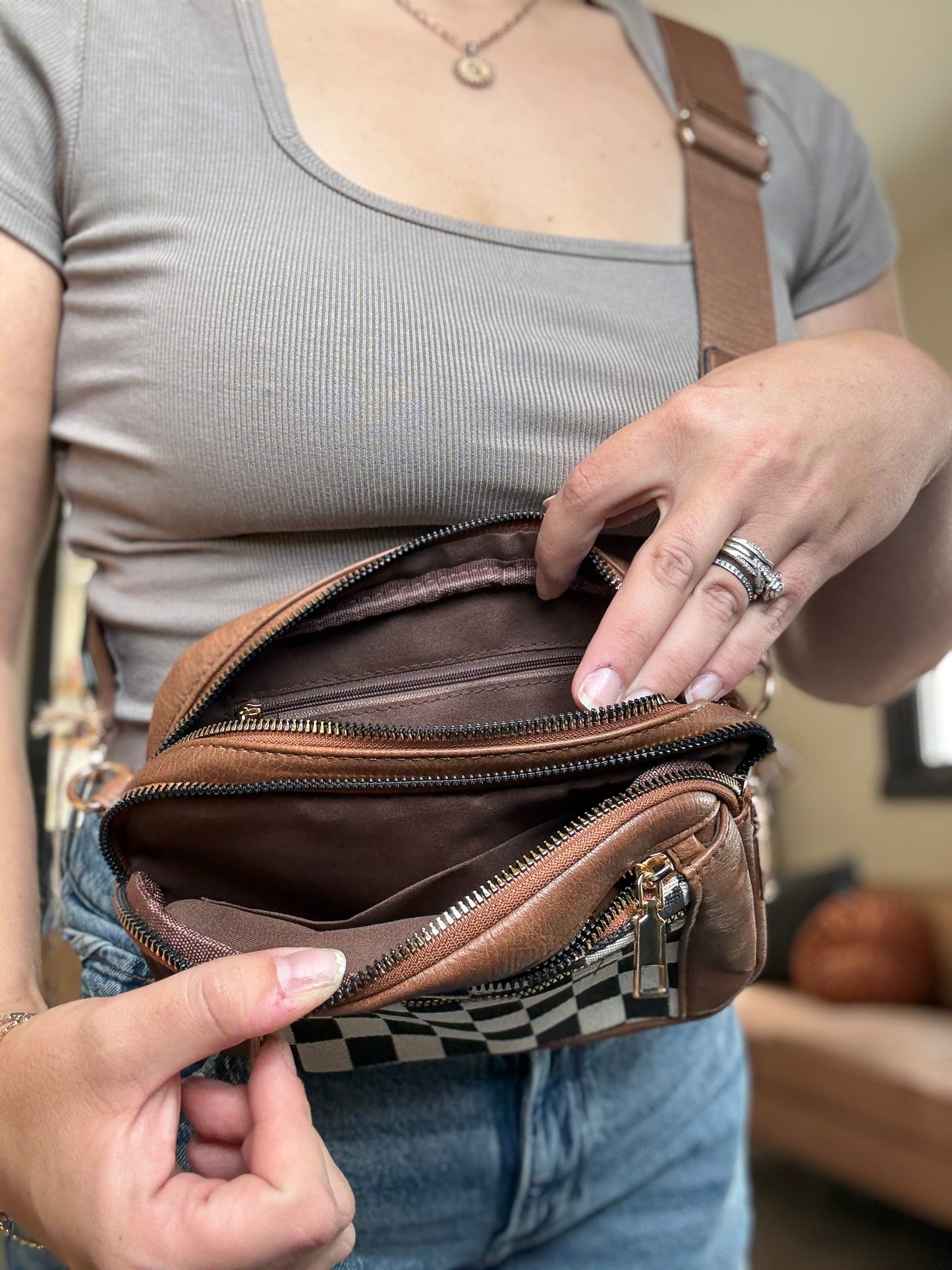 Brown Checkered Crossbody