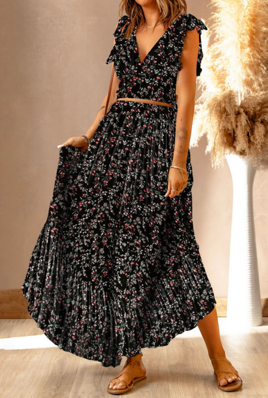 Black Floral Ruffled Crop & Maxi Skirt Set