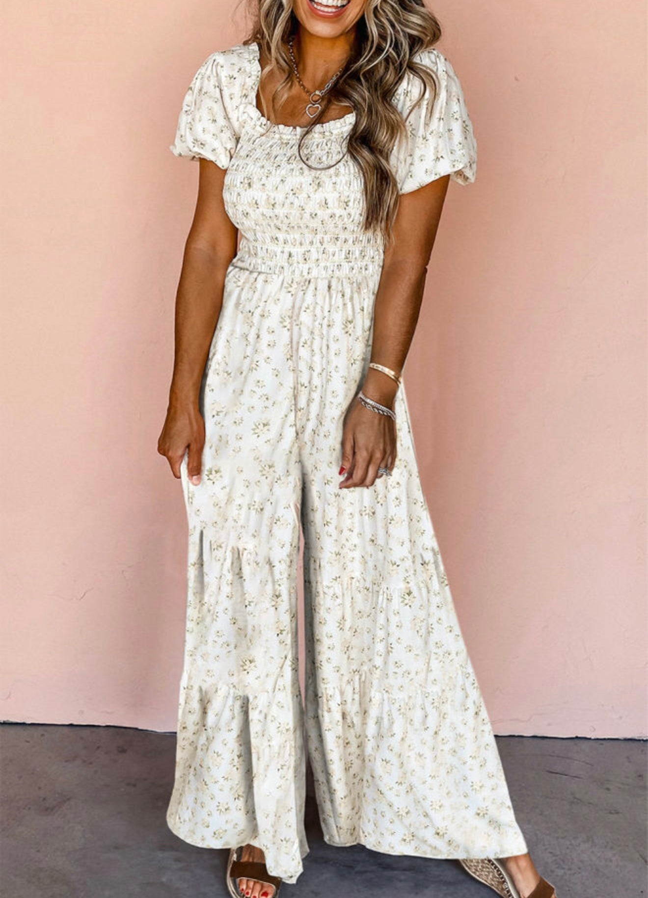 Boho Floral Smocked Wide Leg Jumpsuit