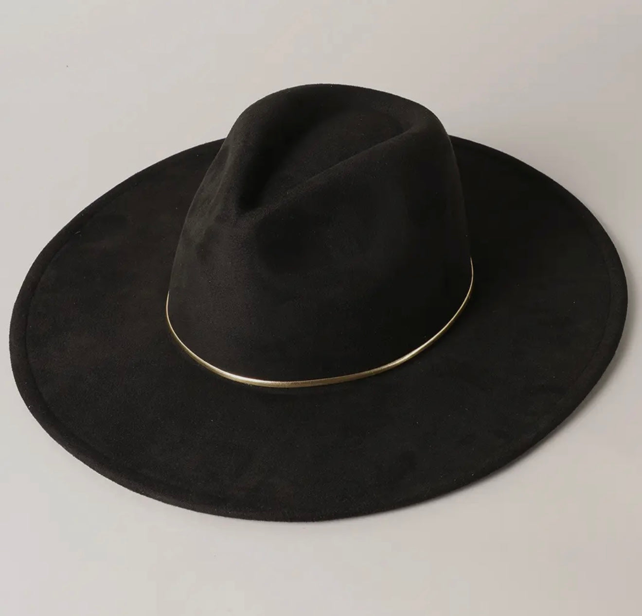 Gold Belt Wide Flat Brim Suede Fedora Hat