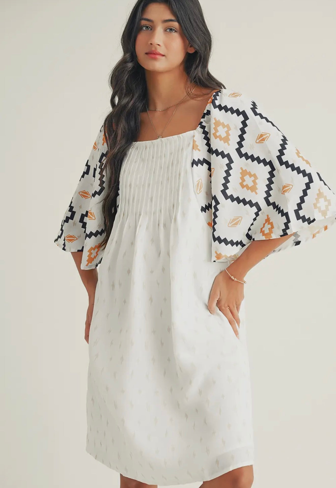 Western Print Pleated Square Neck Loose Mini Dress