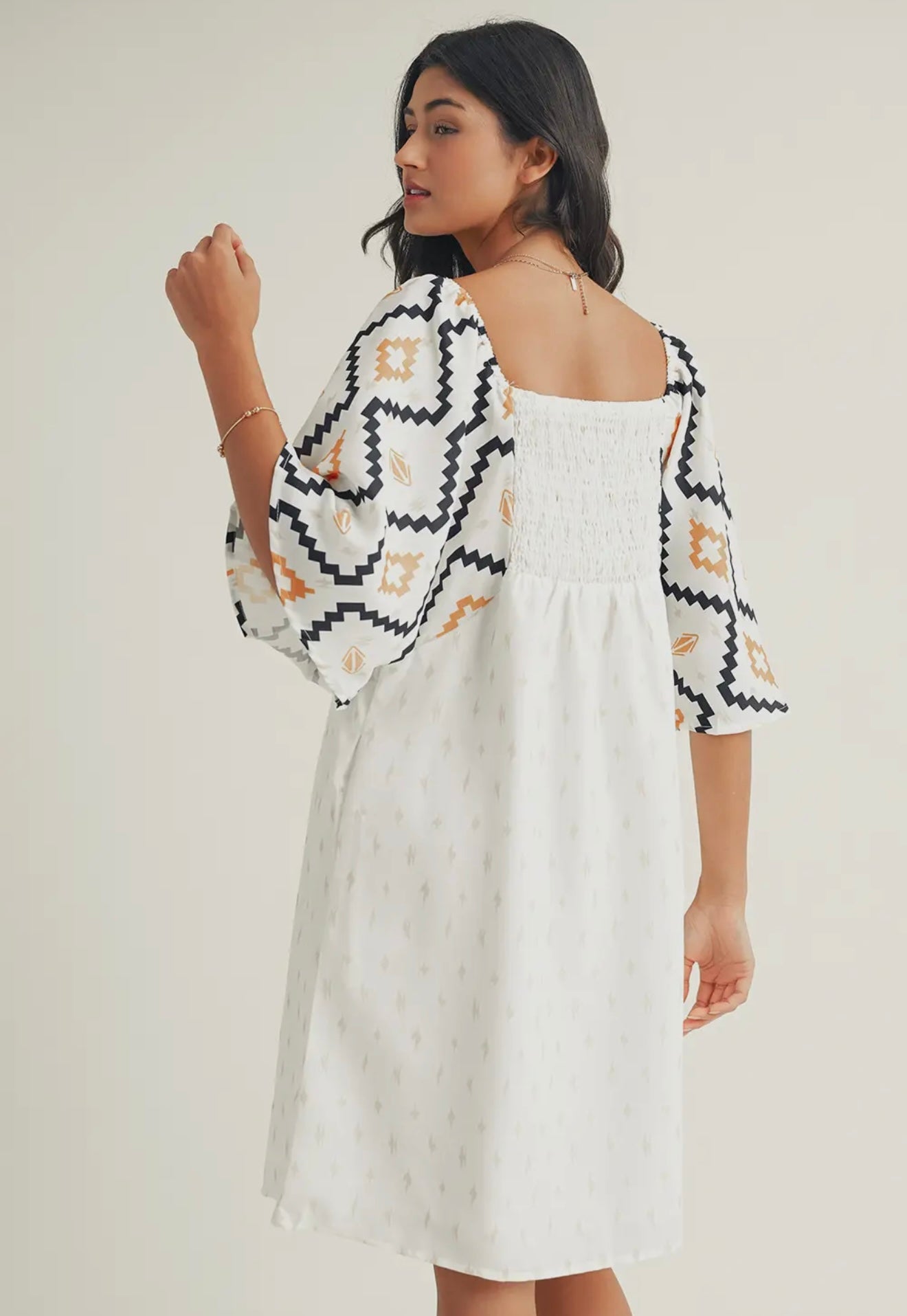 Western Print Pleated Square Neck Loose Mini Dress