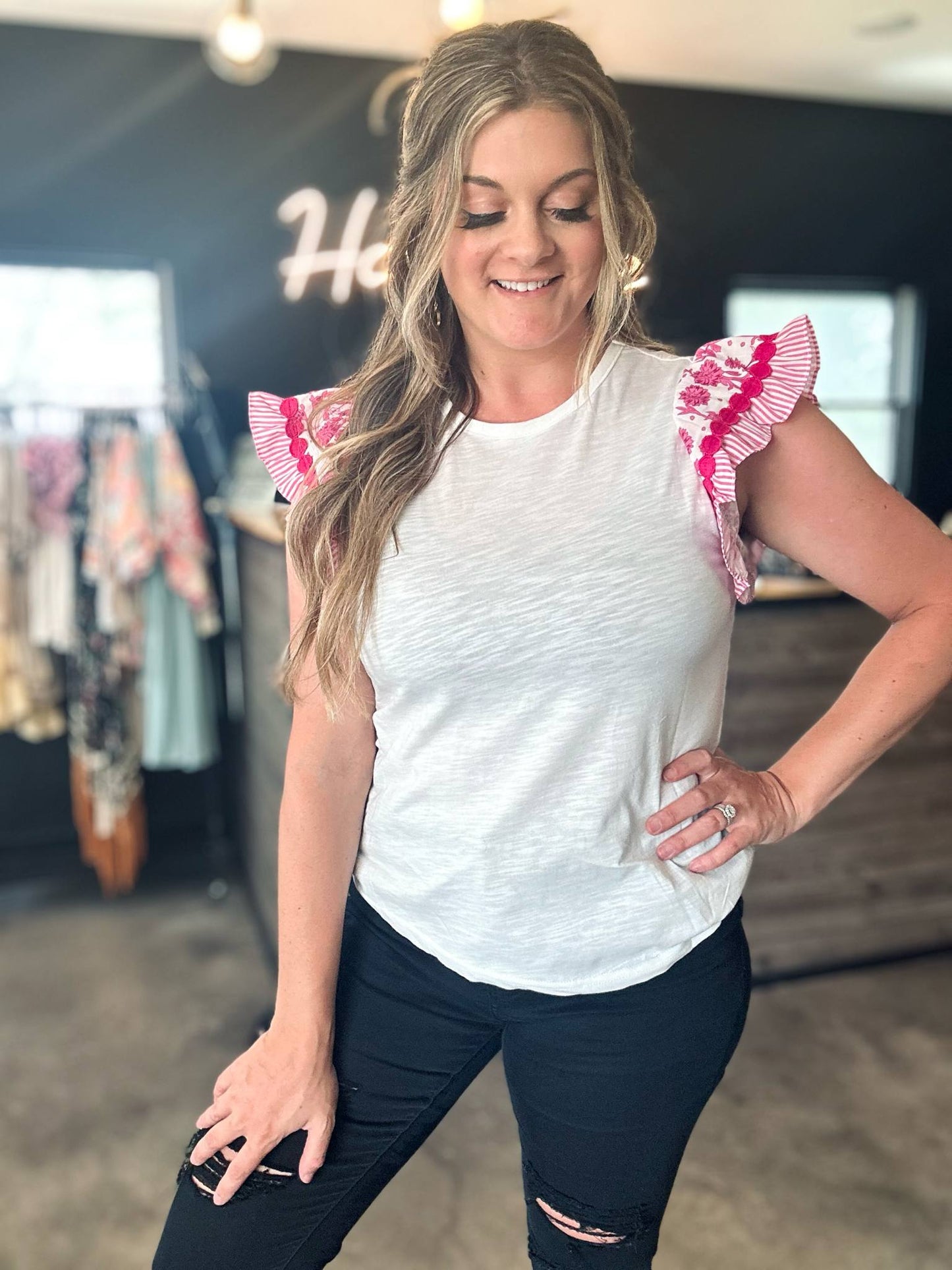 Floral Patchwork Flutter Sleeve Blouse