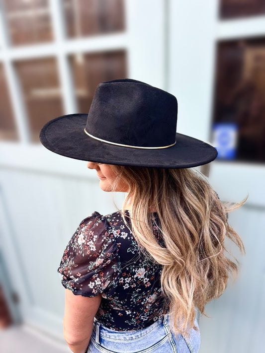 Gold Belt Wide Flat Brim Suede Fedora Hat