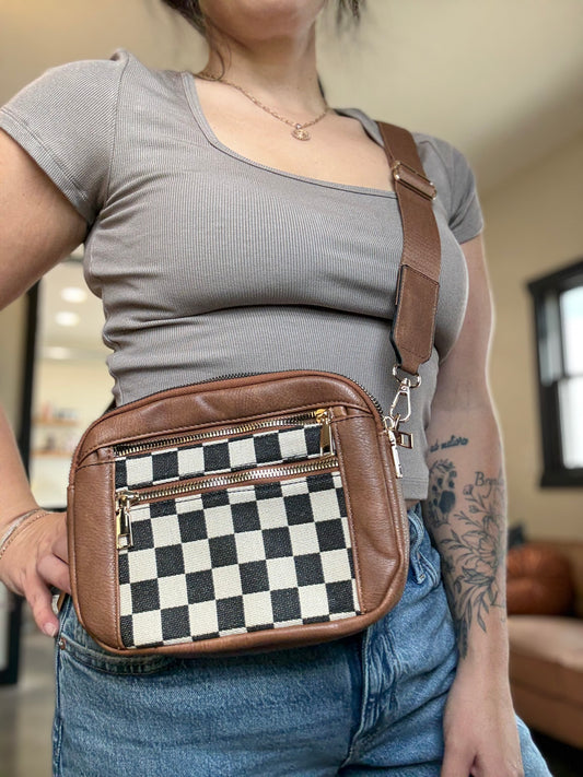 Brown Checkered Crossbody