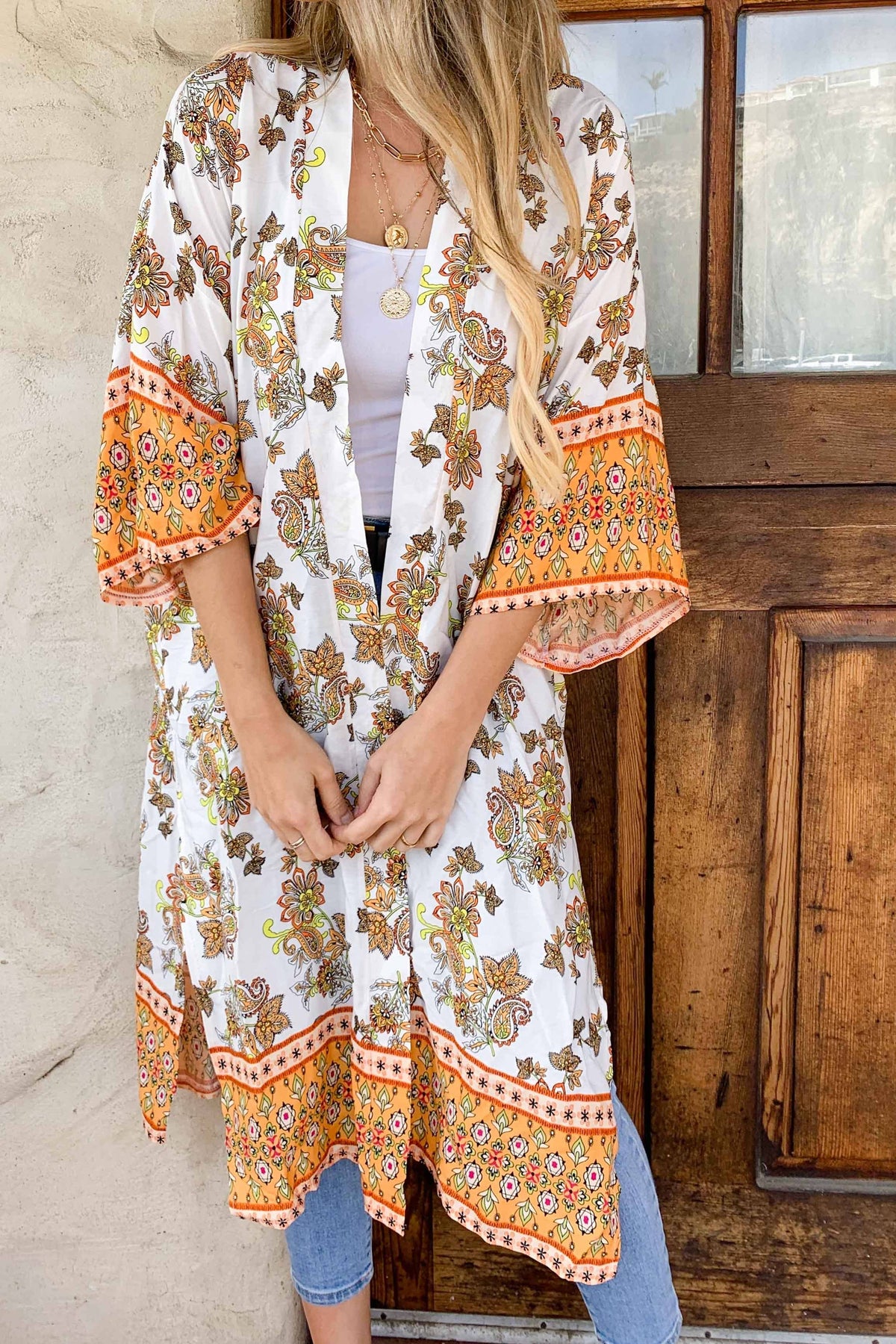 Multi Floral Border Printed Lightweight Maxi Kimono Cover Up