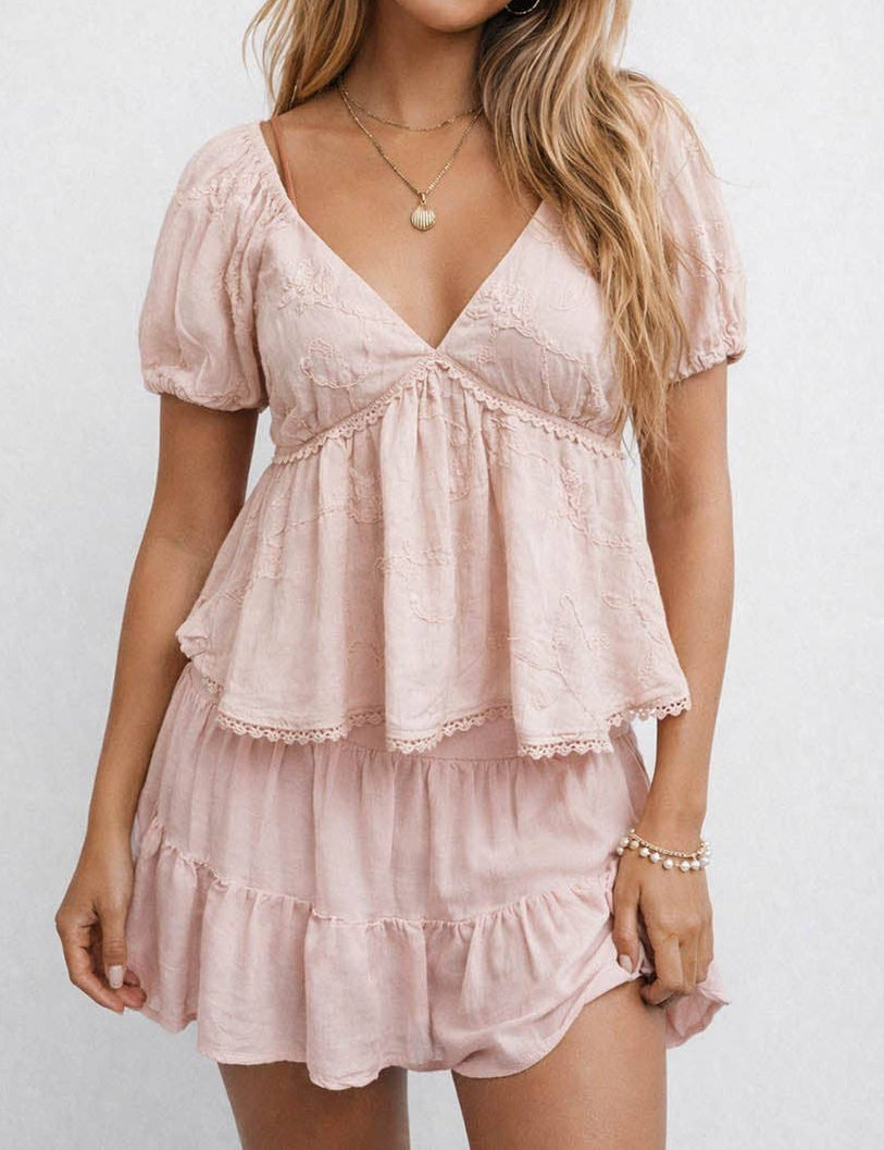 Ladies Embroidery V-Neck Puff Short Sleeves Top