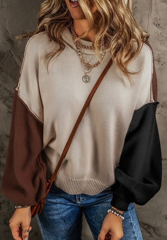 Cream Colorblock Ribbed Trim Sweater