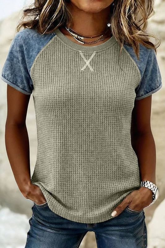 LDC Spring Textured Knit Patchwork Short Sleeve Top