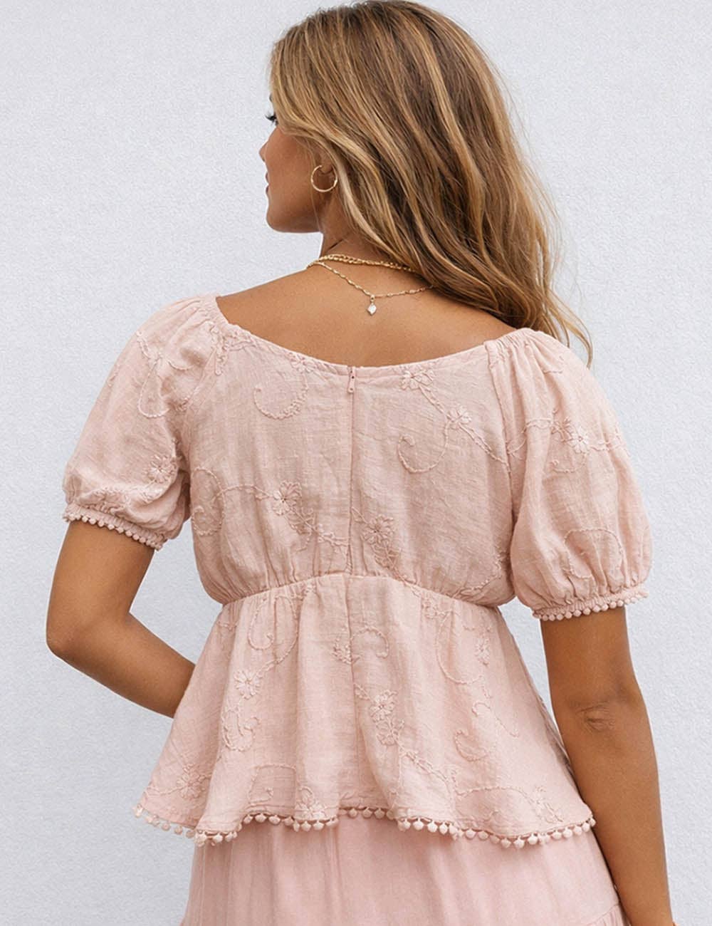 Ladies Embroidery V-Neck Puff Short Sleeves Top