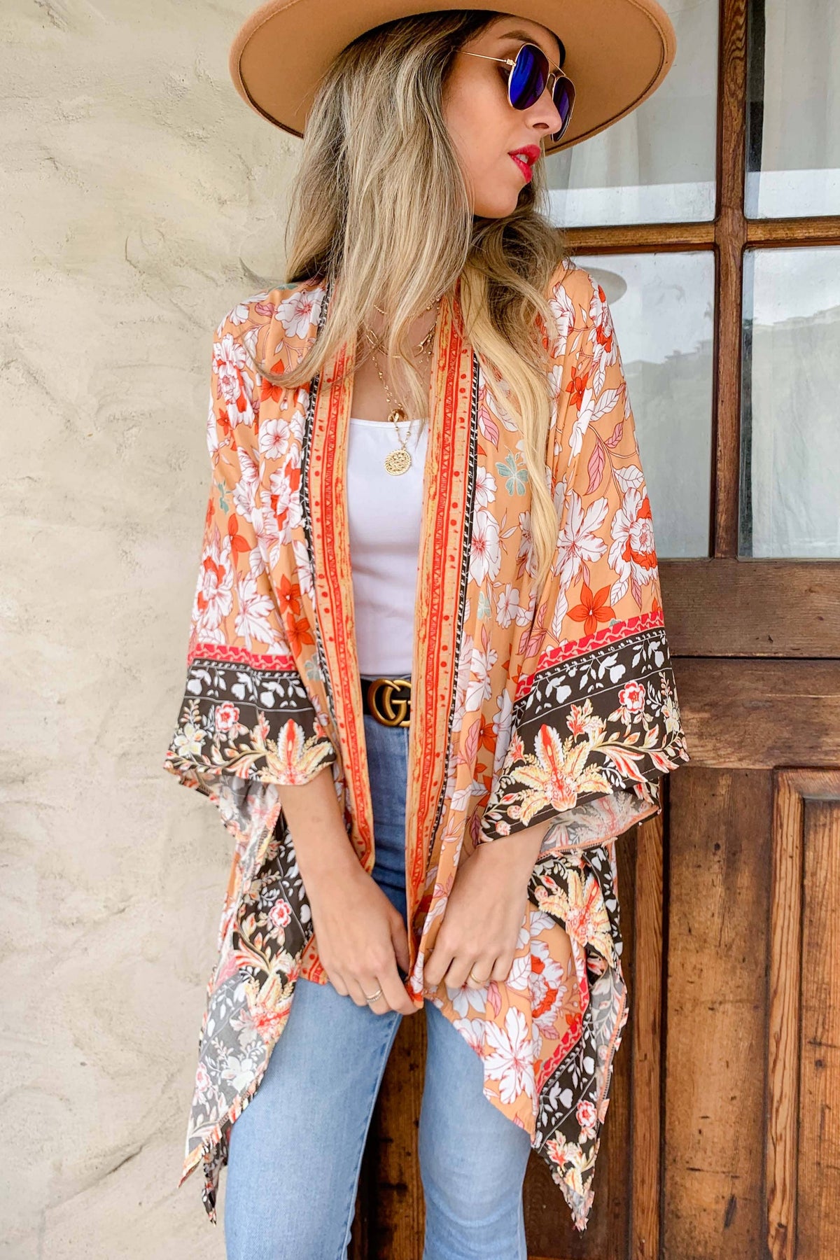 Peach Boho Floral Border Printed Lightweight Kimono Cover Up