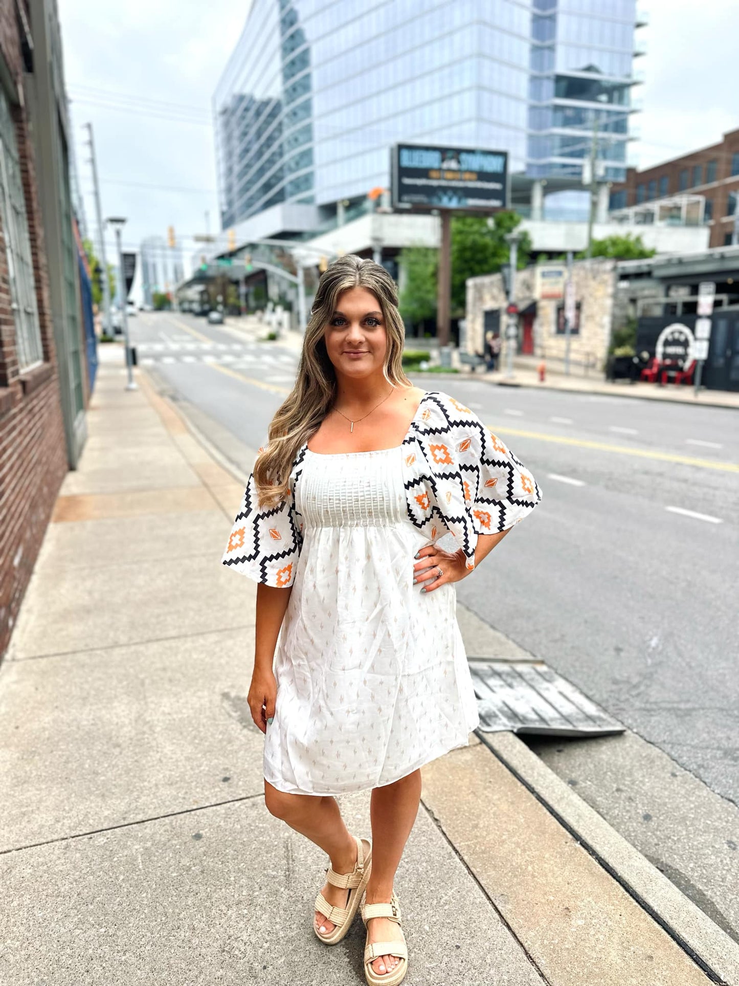 Western Print Pleated Square Neck Loose Mini Dress