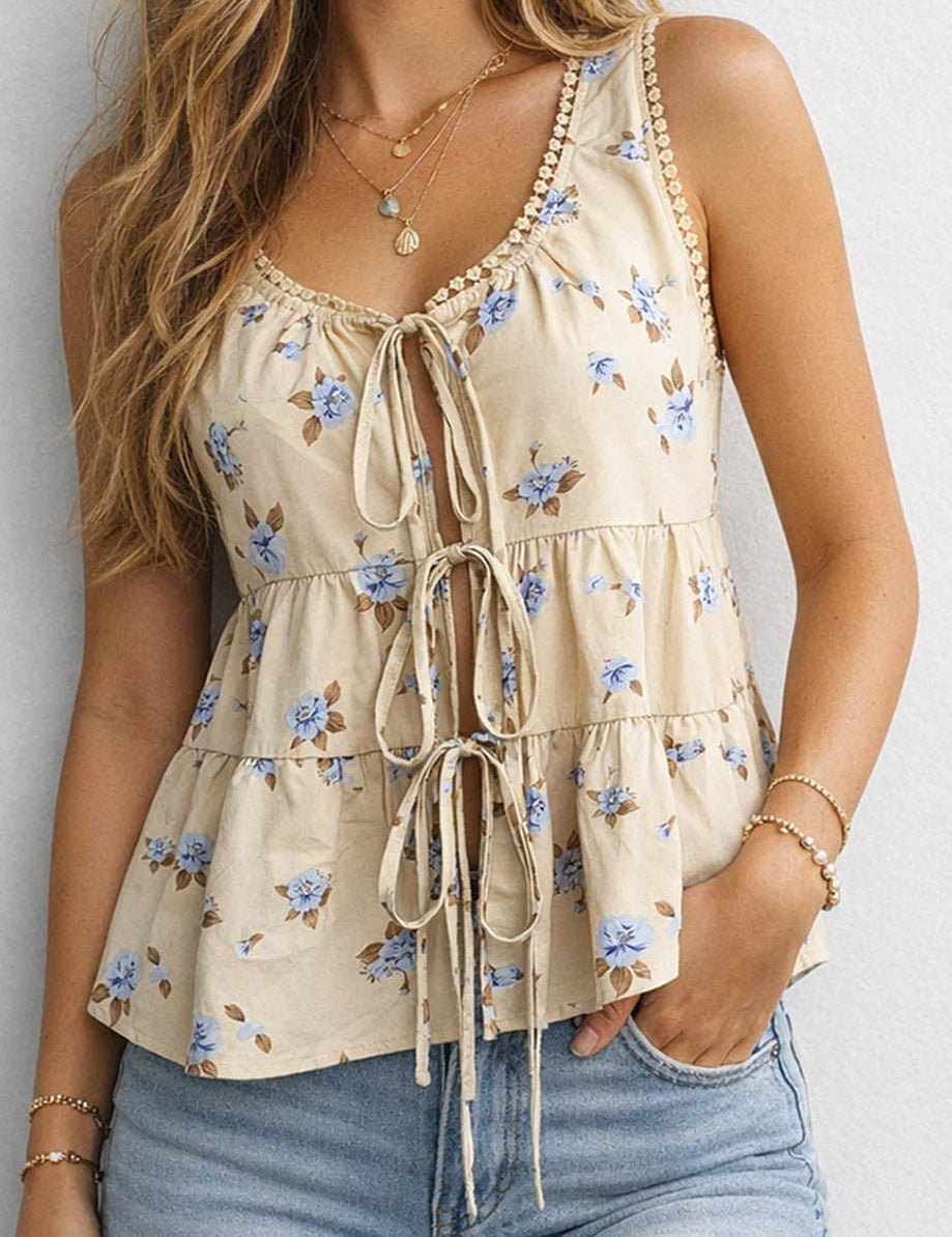 Ladies Boho Floral Print Tie Front Scoop Neck Sleeveless Top