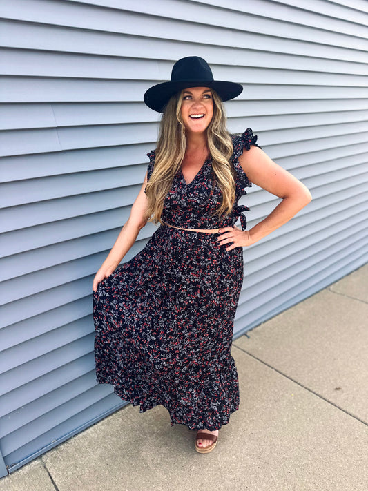 Black Floral Ruffled Crop & Maxi Skirt Set