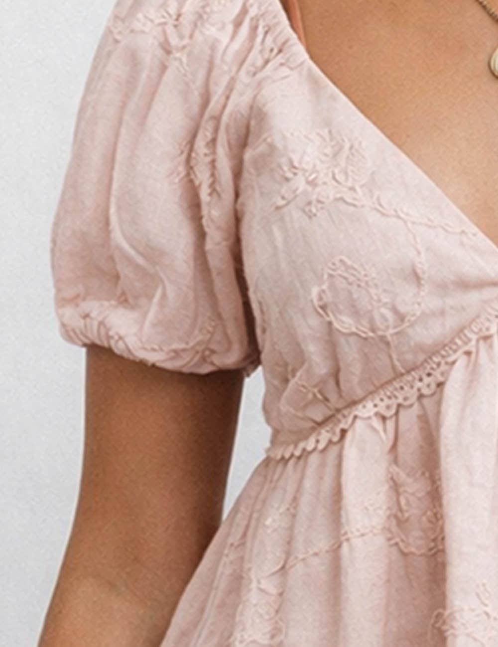 Ladies Embroidery V-Neck Puff Short Sleeves Top