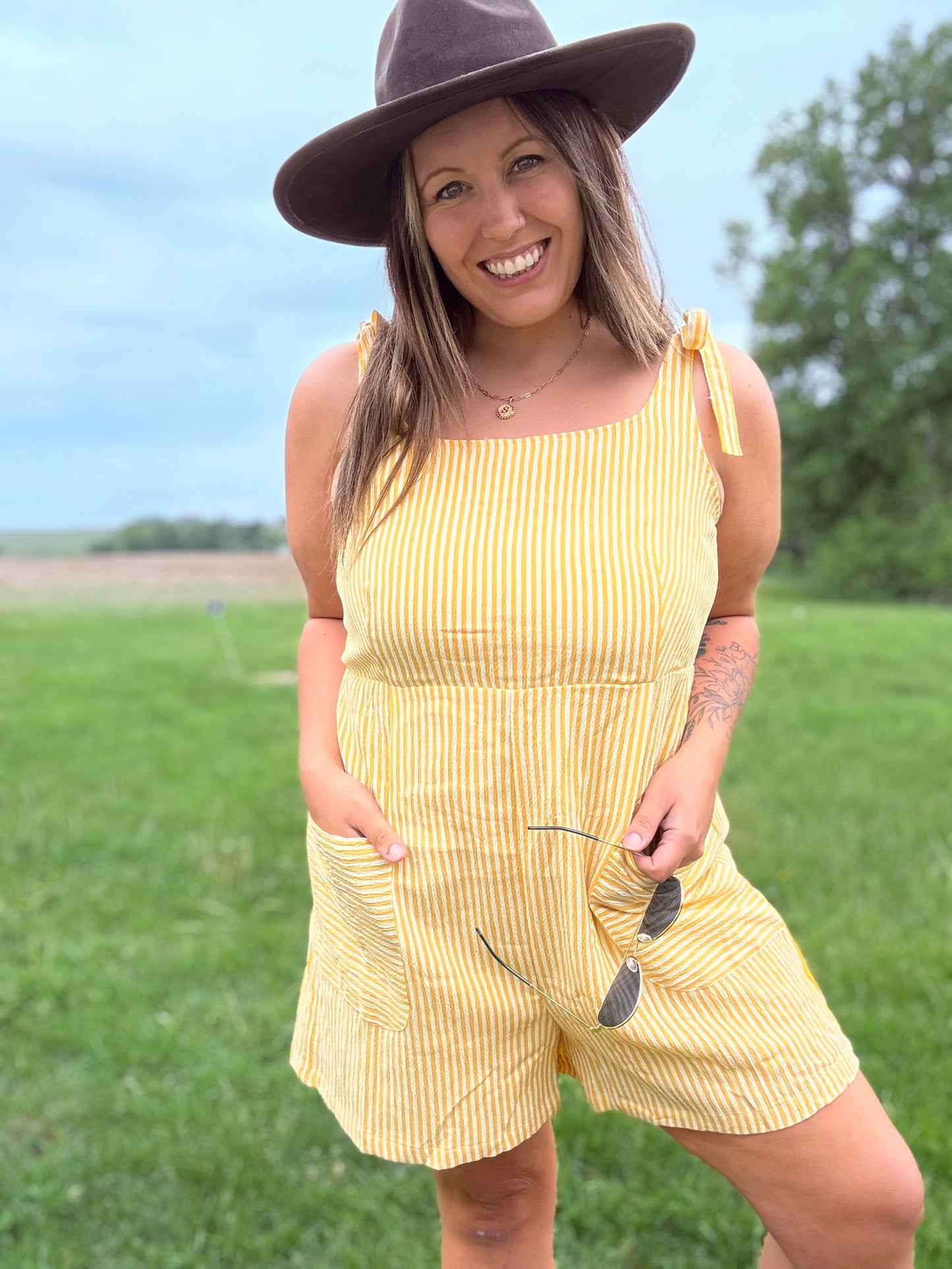 Stripe Shoulder Tie Romper