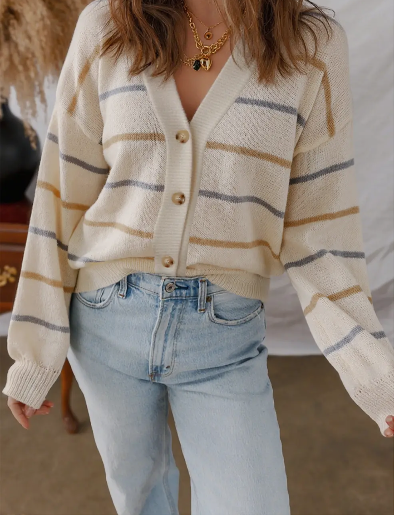 V neck Striped Buttoned Cardigan