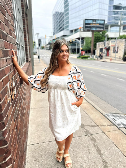 Western Print Pleated Square Neck Loose Mini Dress
