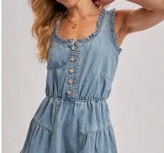 Scoop Neck Denim Ruffle Romper