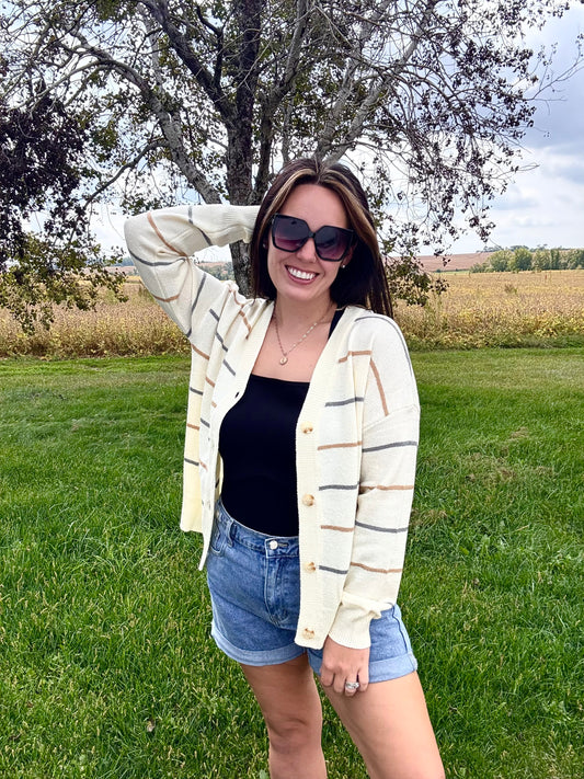 V neck Striped Buttoned Cardigan