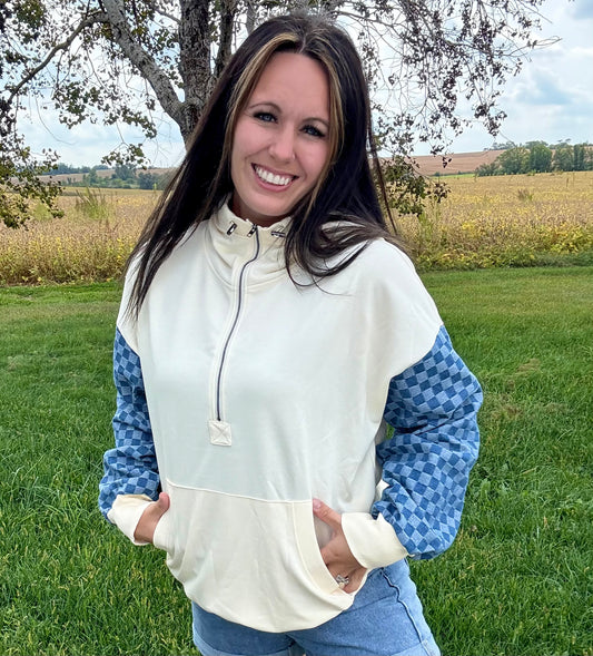 Checkered Sleeve Half Zip with hood