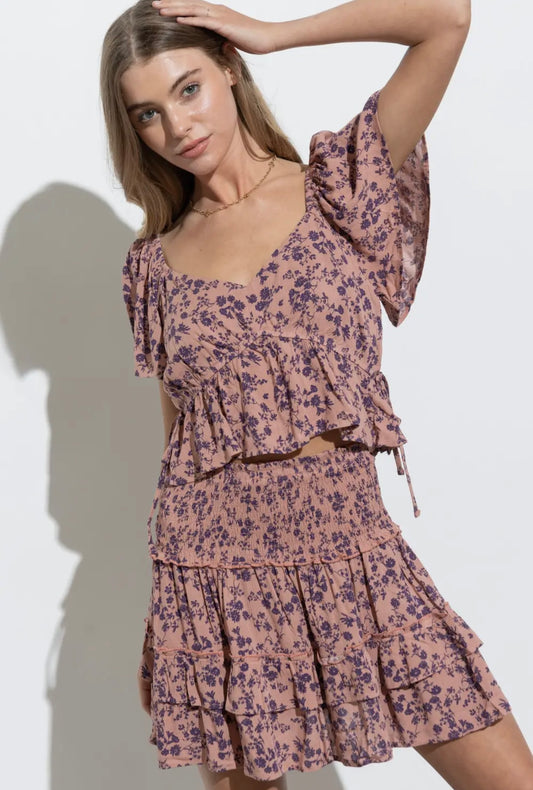 Floral Ruffle Blouse Skirt Set