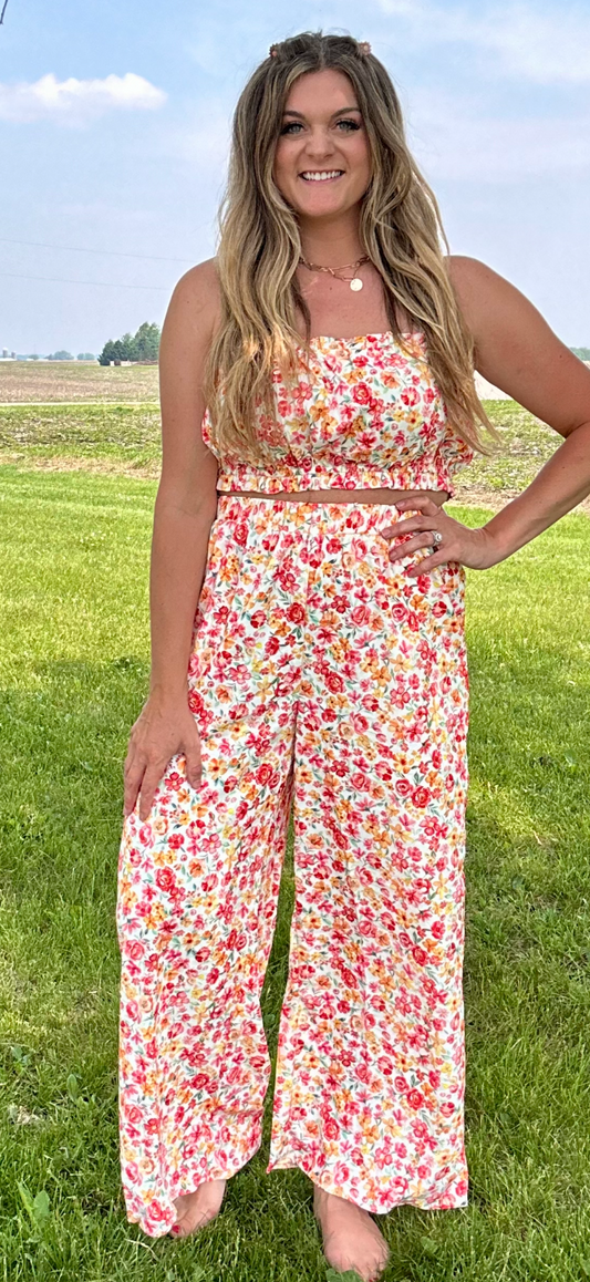 Floral Bandeau Top/Wide Leg Pants Set
