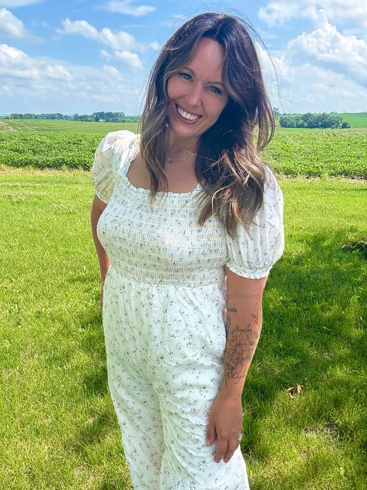Boho Floral Smocked Wide Leg Jumpsuit