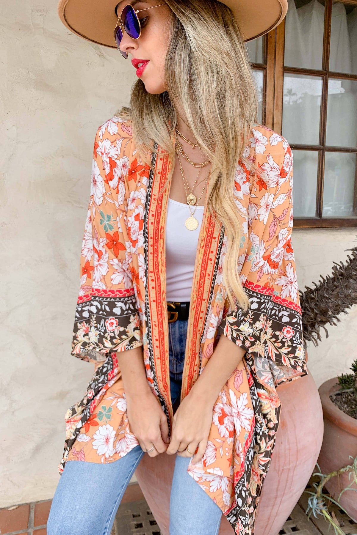Peach Boho Floral Border Printed Lightweight Kimono Cover Up