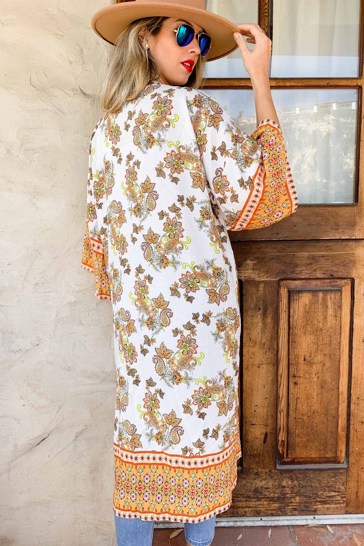 Multi Floral Border Printed Lightweight Maxi Kimono Cover Up