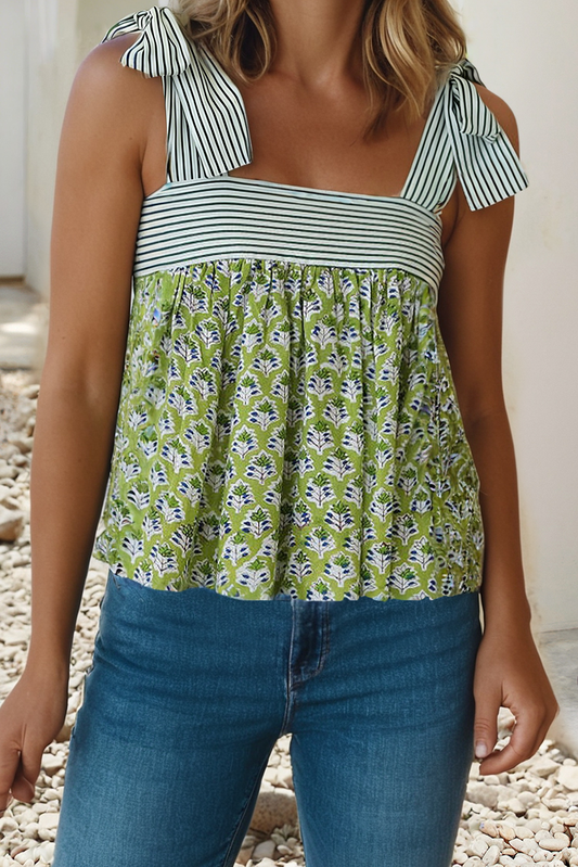 Printed Knot Straps Babydoll Tank Top