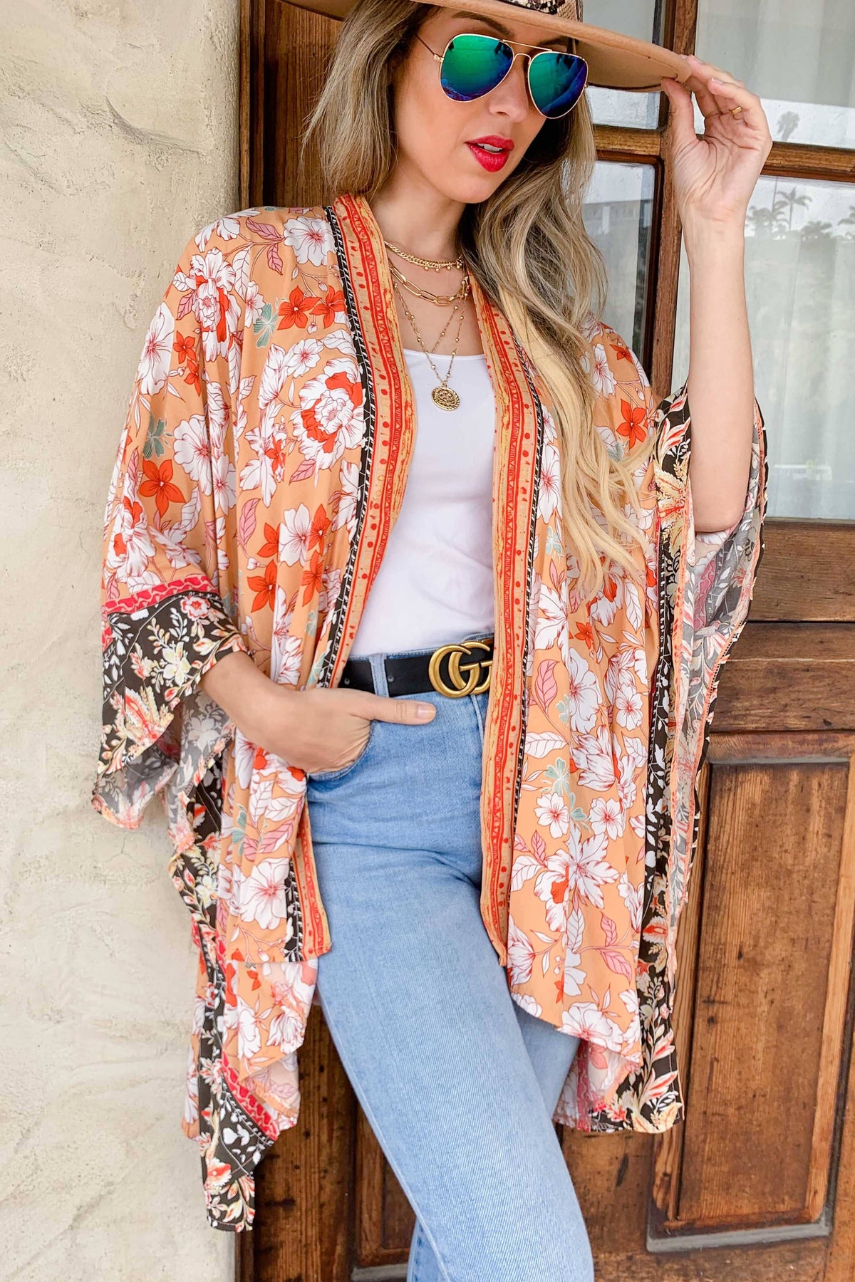 Peach Boho Floral Border Printed Lightweight Kimono Cover Up