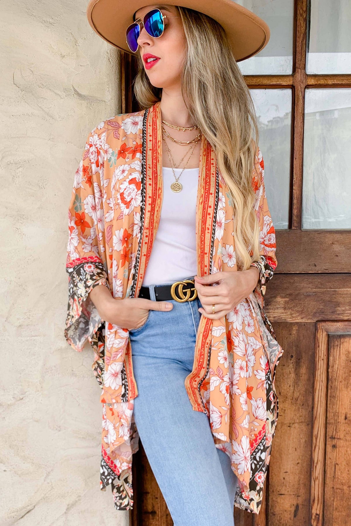 Peach Boho Floral Border Printed Lightweight Kimono Cover Up