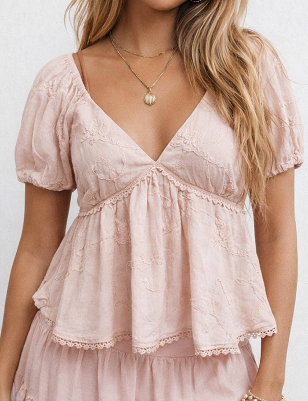 Ladies Embroidery V-Neck Puff Short Sleeves Top