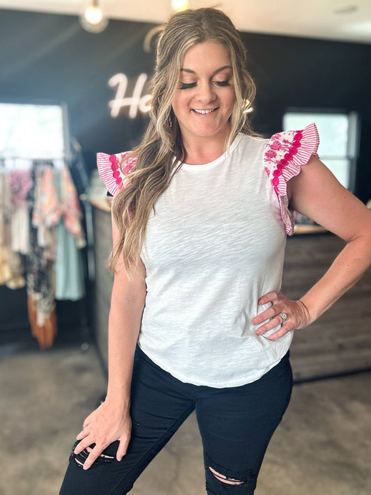Floral Patchwork Flutter Sleeve Blouse